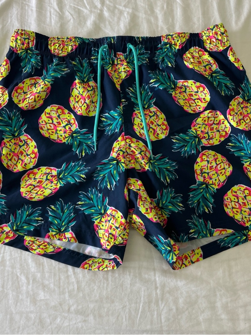 George Navy Pineapple Print Swim Trunks with Teal Drawstring